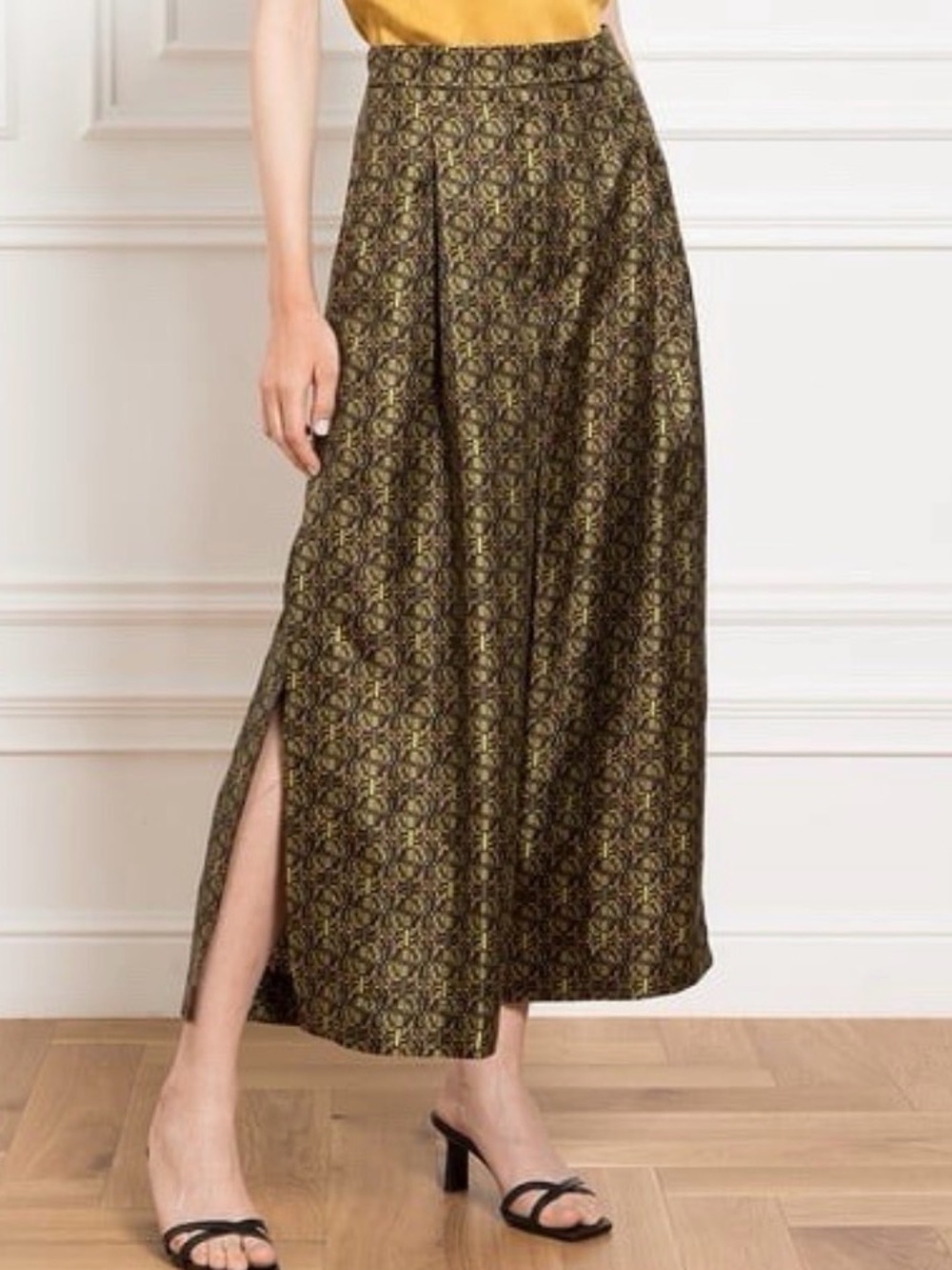 MaxMara Green, Black and Gold Patterned  Wide Leg Pants with Side Slit